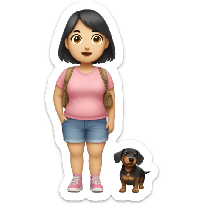 Short chubby asian girl wearing shorts and crocs holding a dachsund sticker
