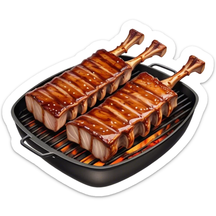 Cinematic juicy grilled ribs, glistening with smoky barbecue sauce, charred edges, tender meat falling off the bone, sizzling on a hot grill, mouthwatering and rich, warm and inviting, ultra-realistic and delicious. sticker