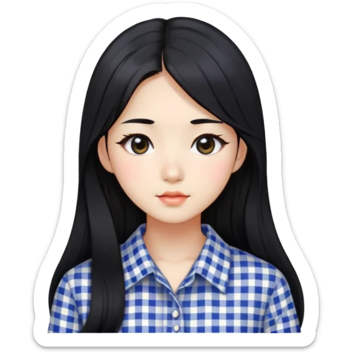 Beautiful girl,Black hair,long hair,Black eyes,Korean, check pattern shirts sticker