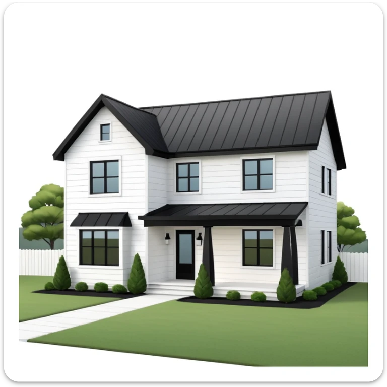 modern farmhouse with white siding, black roof and black trim, exterior view, 3d sticker
