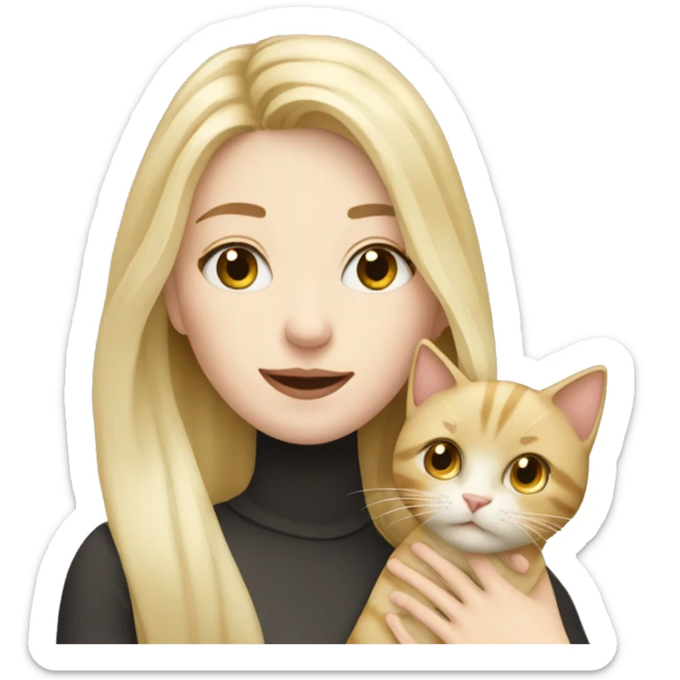 pretty woman with pale skin, very long blonde hair  hugging a cat sticker