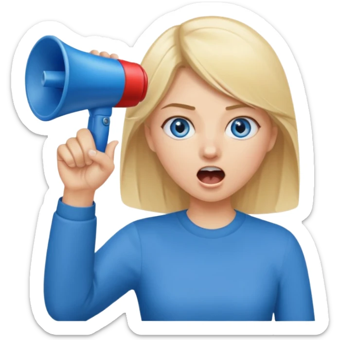 blue eyes blonde girl yelling into megaphone and holding up 1 finger in the other hand siling sticker