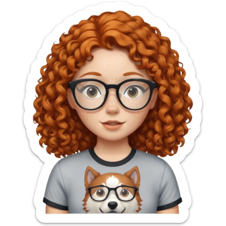 make a ginger girl with freckles and glasess. make her hair curly and she has a husky on her shirt sticker