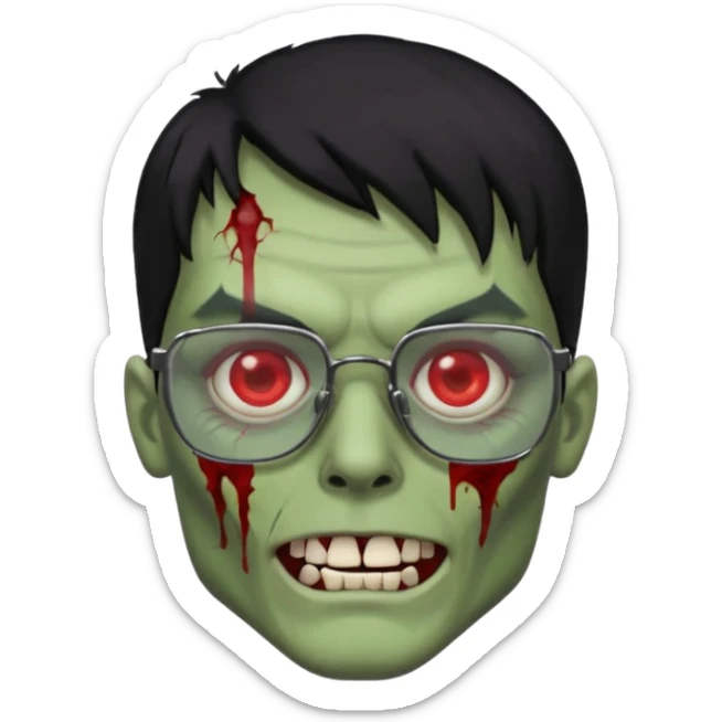 homem zumbi de óculos cabelo preto com muita olheira deixar pele dele verde dentes brancos e olhos vermelhos e ensanguentados deixar óculos quadrado e preto e olhos cheio de veias vermelhas e encher o rosto de piercings colocar piercing em todo rosto sticker