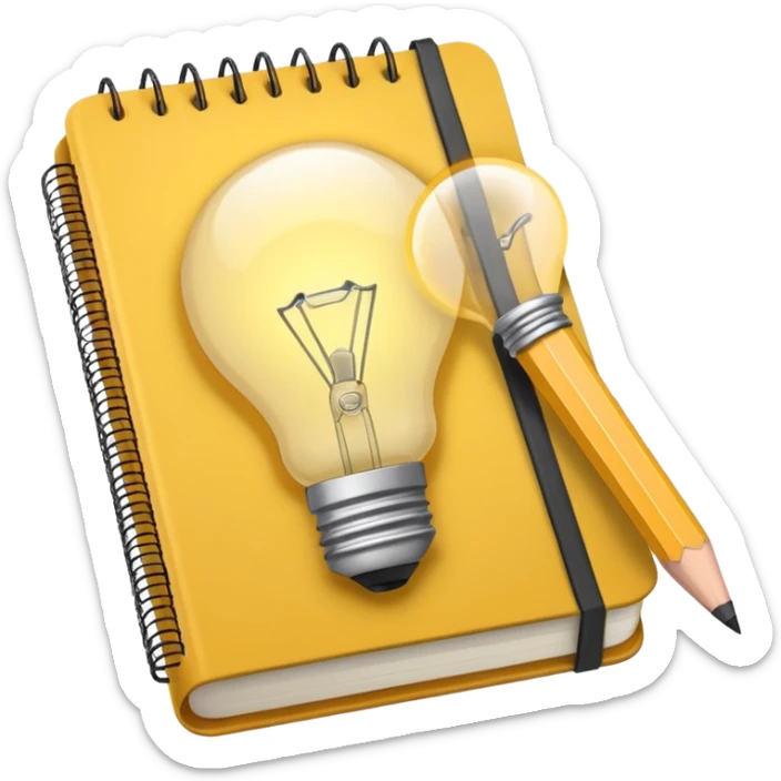 Emoji of a notebook with a pencil and a glowing lightbulb on the cover, iPhone emoji style. Flat design, smooth gradients, rounded edges, soft shadows, clean look, white background. sticker