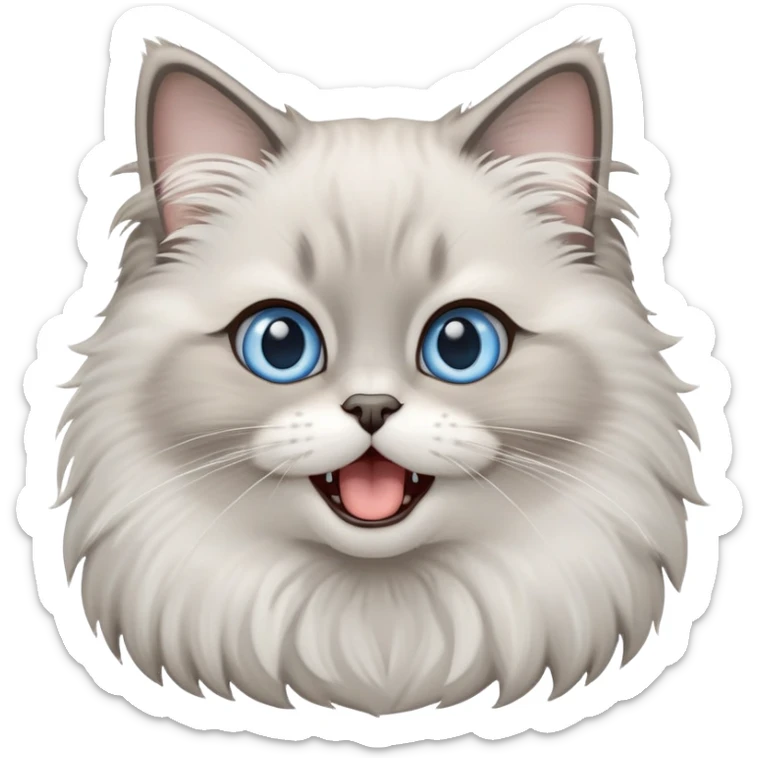 cinematic-adorable-big-eyed-fluffy-grey ragdoll-cat-portrait-emoji,-head-tilted-playfully-with-a-cute,-yawn,-white and grey fur,-simplified-yet-irresistibly-cute-features, blue eyes sticker