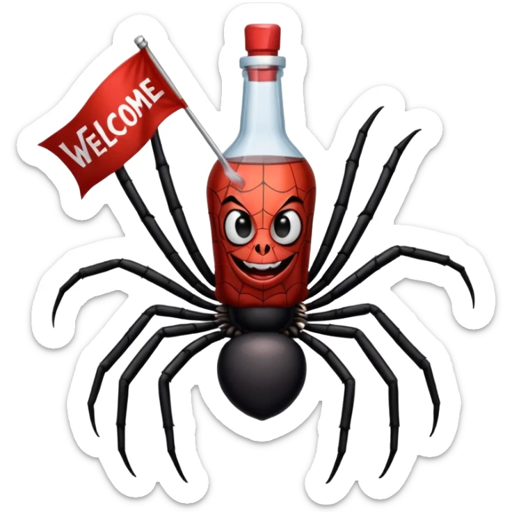 wesoły śmieszny pająk z butelka jadu i banerem witaj  sticker