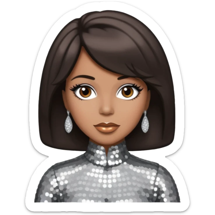 Cindy Birdsong from The Supremes with dark brown hair, silver outfit sticker
