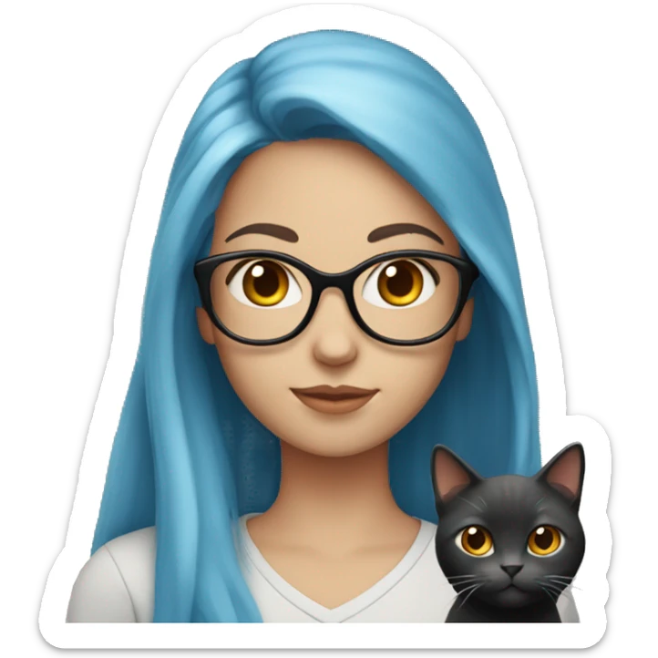 A girl with long red hair, with blue eyes, light skin, black glasses, holding an all grey cat  sticker