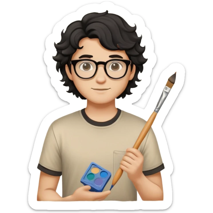 Young caucasian man with black wavy hair, round glasses, beige painting shirt, holding a square paintbrush sticker