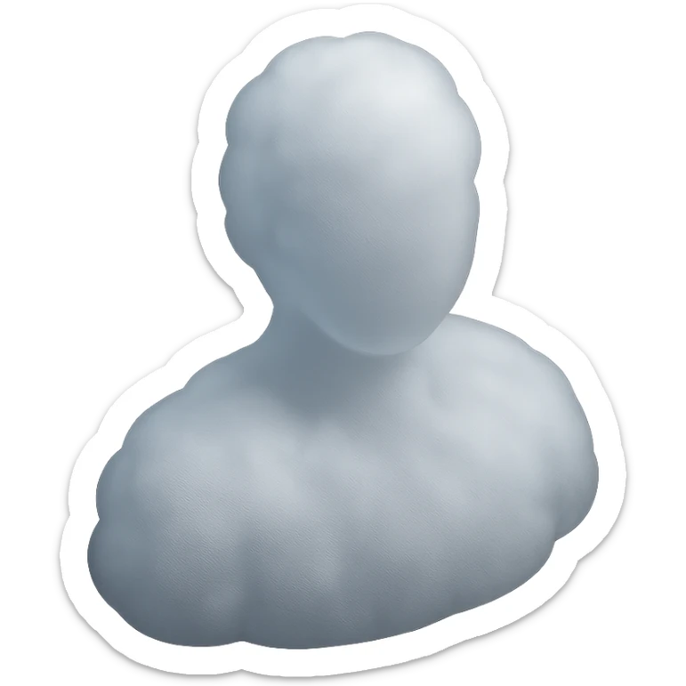 figure of a person made of white fluffy clouds, shoulder up, front view, matte glass style sticker