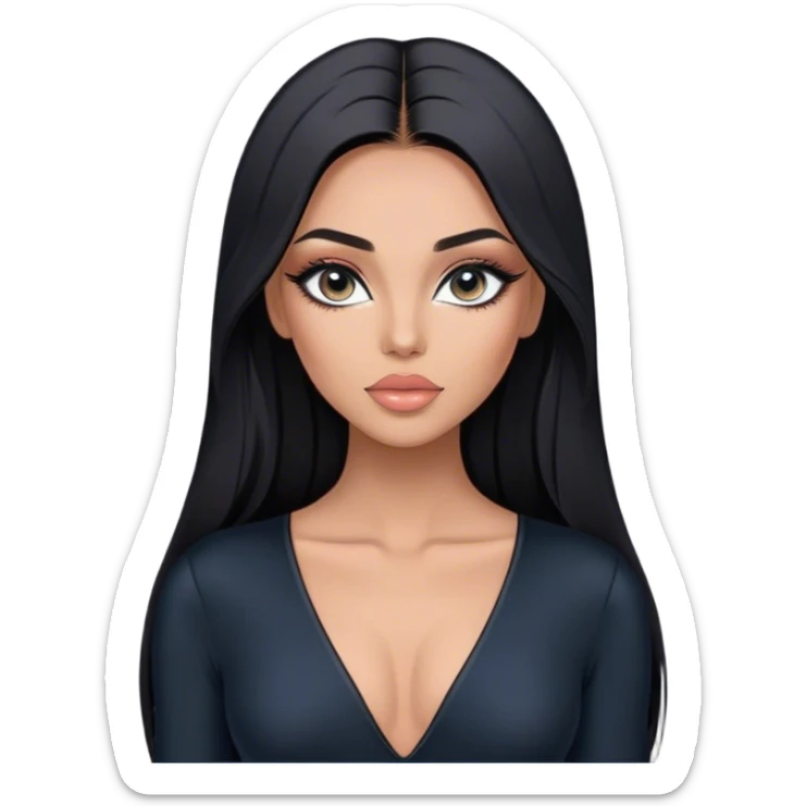 Glamours, tanned, very beautiful girl, with big pump peach-beige-rose lips, eyeliner, long lashes, black straight smooth silky long hair, straight parting hair, blue-grey eyes, in black v-neck bodysuit sticker