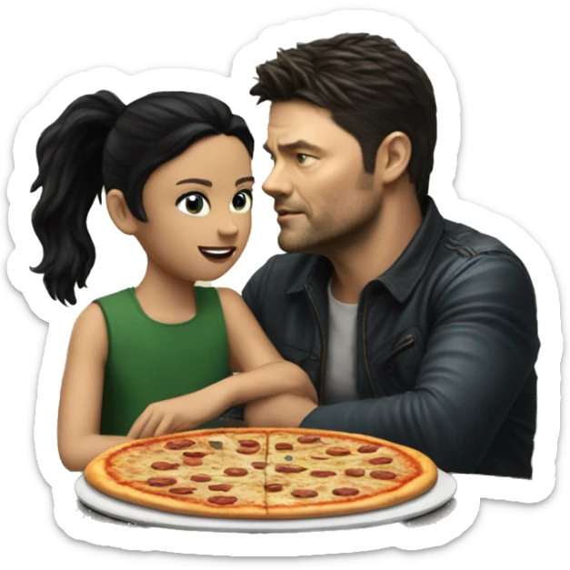 karl urban sitting at a table eating pizza with small white girl with black hair sticker