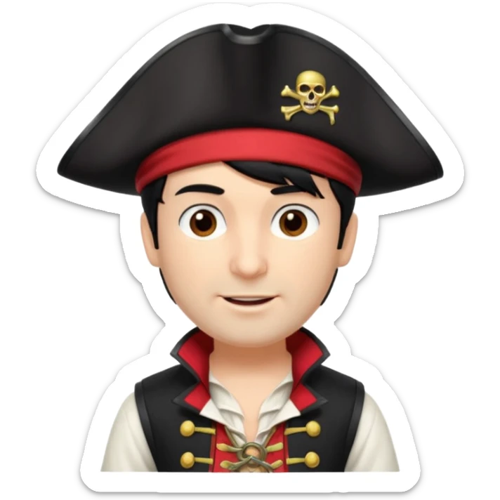 Captain Feathersword of The Wiggles with light skin, brown eyes, black hair, black pirate hat, white pirate shirt with red vest sticker