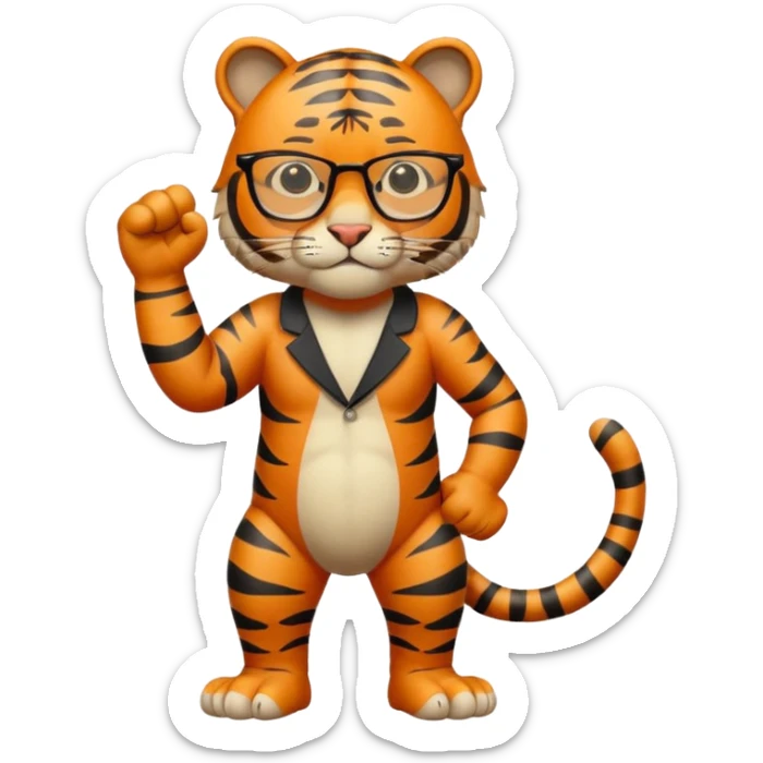 un tigre con gafas parado en dos patas con la mano en la derecha haciendo firme sticker