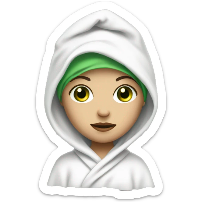 A girl with green eyes with a cloth mask on her face, wearing a white towel on her head and a white robe sticker