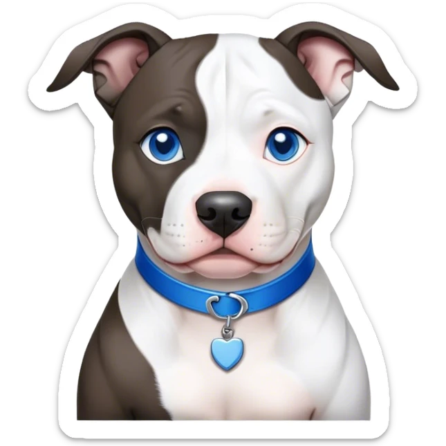 Black and white pit bull, white in the middle of the snout, white chest, white tips of the paws, blue eyes, with a blue sticker