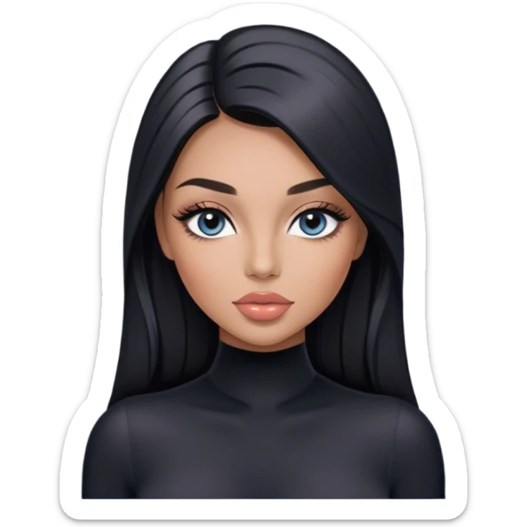 Glamours, tanned, very beautiful girl, with big pump peach-beige-rose lips, long long lashes, black straight smooth silky long hair, straight parting hair, blue-grey eyes in black long-sleeves bodysuit sticker