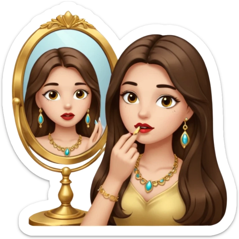Girl with long brown hair, gold jewelry, and lashes, putting on lipgloss while looking in a mirror  sticker