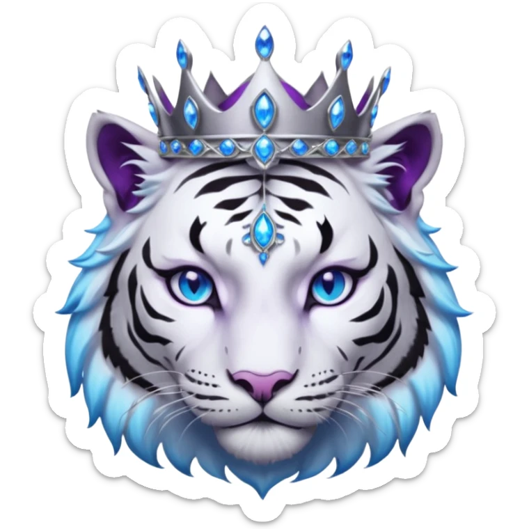 ESO Female white/black tiger khajiit leader of the umbral rose, glowing blue eyes, glowing blue 'third eye' gem; purple gemmed silver crown/tiara sticker