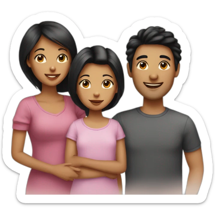 Family of three, woman with black hair, men with black hair, baby girl, 2 cats sticker