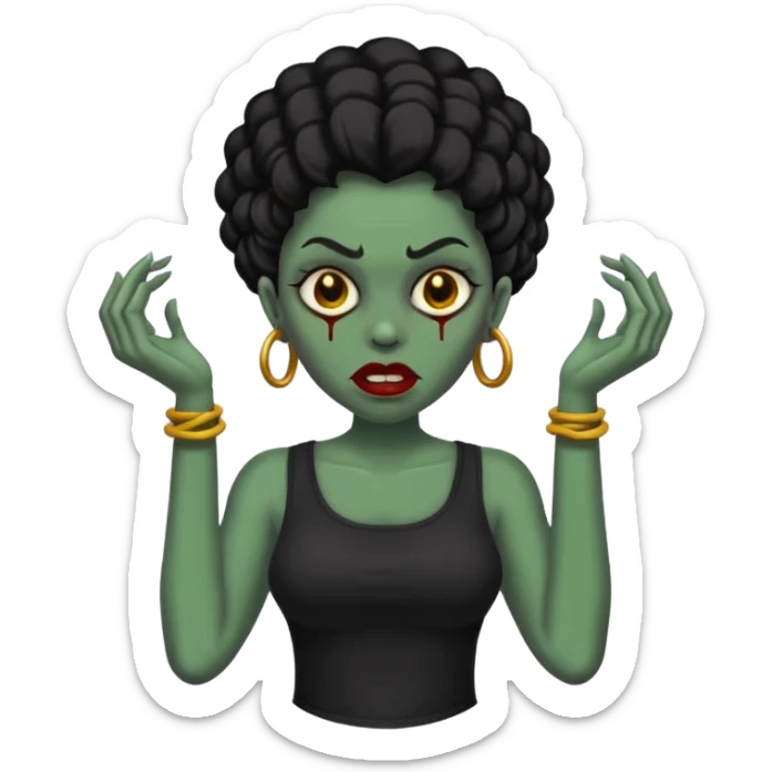 Faça me um emoji de um zumbi mulher de cabelos vermelho borgonha longos ondulado usando uma blusa preta sticker