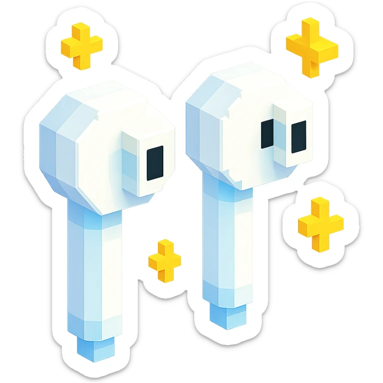 white EarPods headphones with a playful twist, floating in space, surrounded by tiny stars sticker