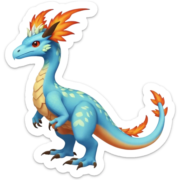 Raptorik scaley feathery fiery horned Amaura-Aurorus-Pokémon-Fakémon-hybrid-fusion-creature, full body sticker