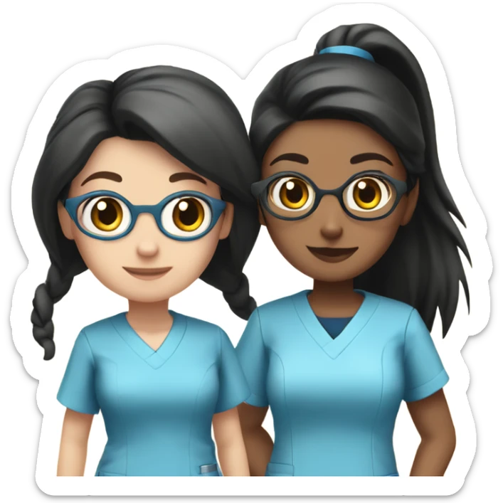 Two Best friend nurses in blue scrubs one girl has glasses with black hair in a pony tail and the other girl has dark brown hair sticker