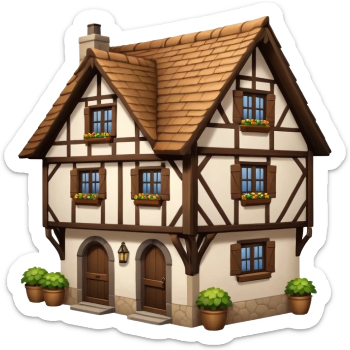 An old half-timbered village house with a tiled roof. The roof is dark brown. sticker