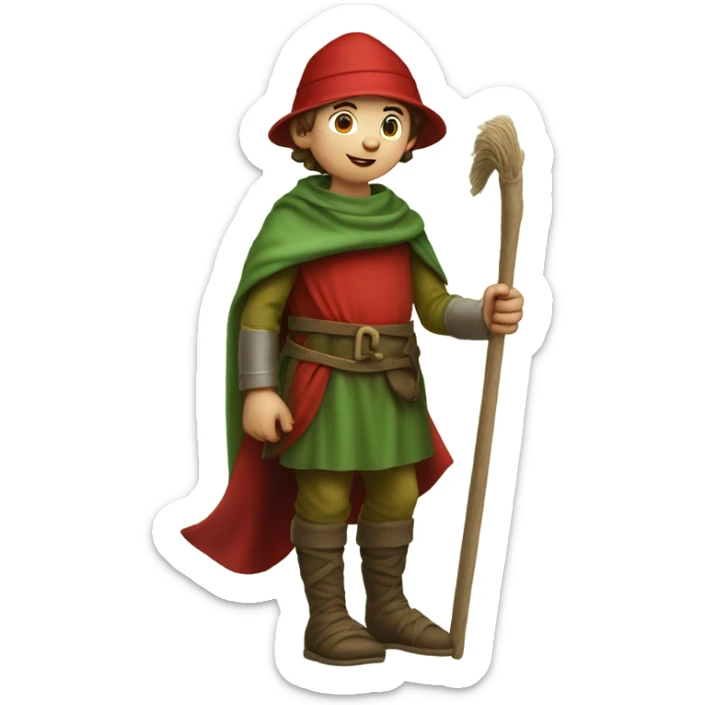 13th century European pilgrim boy with staff, red stockings, short green tunic and green hat, saying ok! sticker