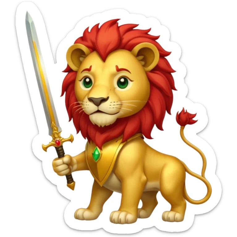 A lion with a sword and the sun on top of it and on the top green and bottom red sticker