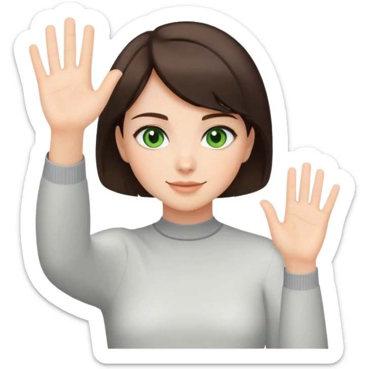 brunette girl with short hair and green eyes waving greeting sticker