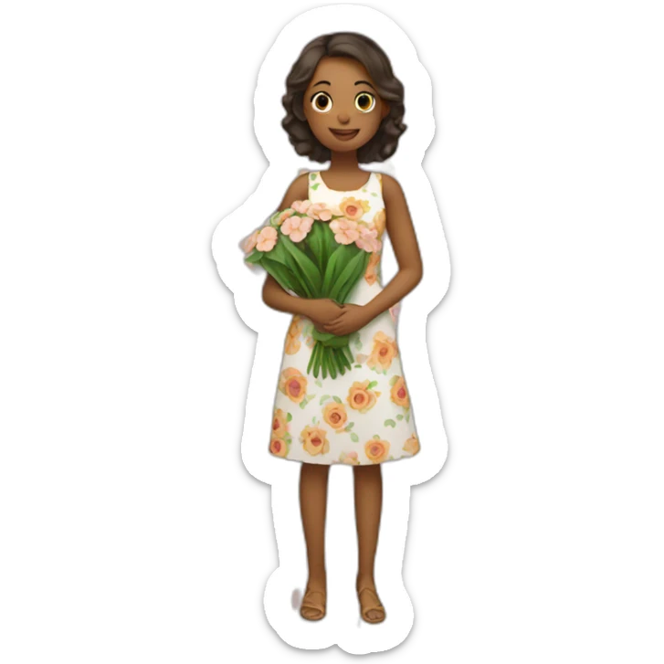 a girl wearing floral dress holding flowers sticker