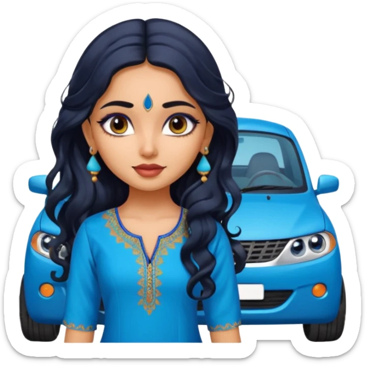 a pretty indian bratz girl with wavy long black hair, wearing a blue kurti, eyeliner on, indian auto behind her sticker