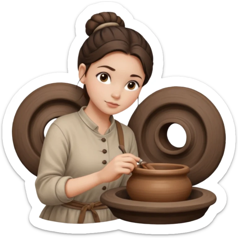 Brunette girl with a bun, behind the potter's wheel, wearing neutral clothing sticker