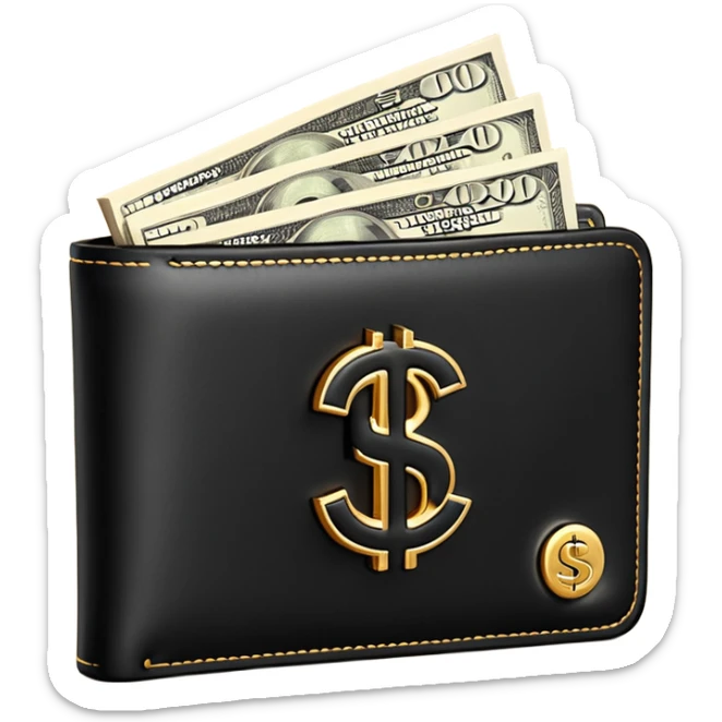 Rich emoji style black leather wallet with dollar bills, luxury money vibe, premium 3D emoji, ultra clean, high detail, no background
 sticker