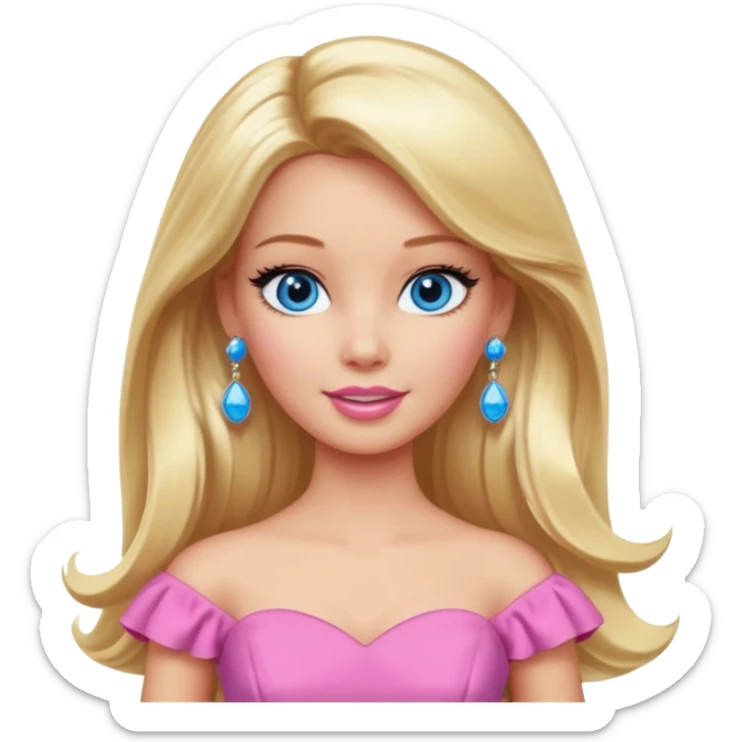 barbie, long blonde hair, pink dress, with blue eyes,different dress, big ear rings. sticker