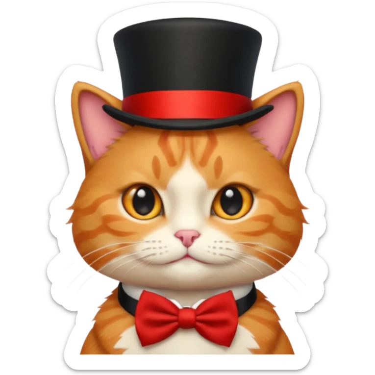 Cute emoji-style orange tabby cat wearing a black top hat with a red band and a red bow tie, big round eyes, fluffy fur, clean mascot style, centered, transparent background, 1:1 ratio. sticker