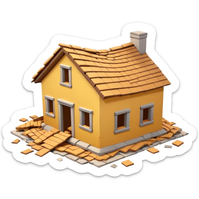 3D iPhone style emoji of a collapsed house, broken walls and roof pieces scattered, debris and ruins visible, isolated on white background, soft shadows, high detail, playful and cute. sticker