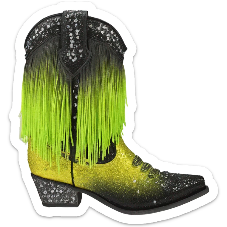 Realistic short neon yellow to black ombre fashion cowgirl boot with sparkly shiny glitter fringe on them. sticker
