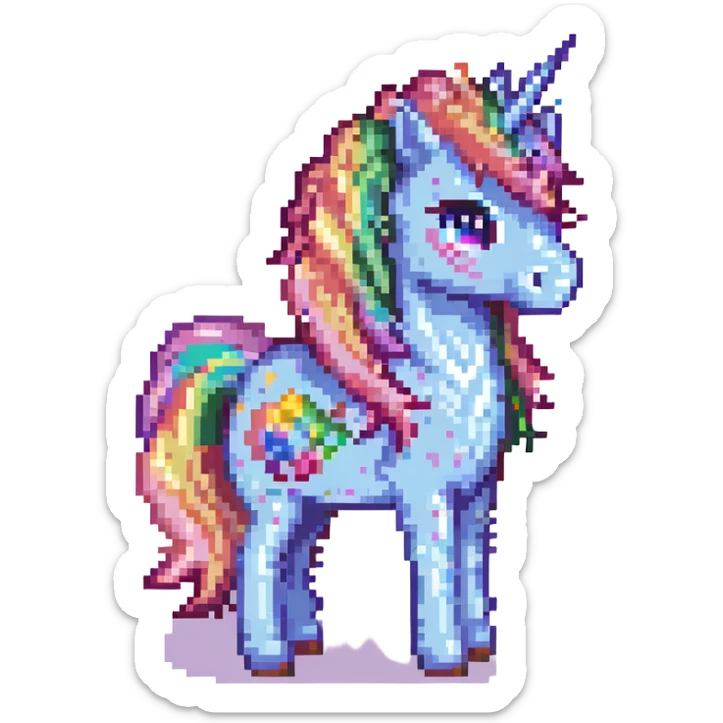 licorne entièrement pailletée, corps rose pailleté, crinière arc-en-ciel pailletée, corne unique arc-en-ciel pailletée, style pixel art sticker