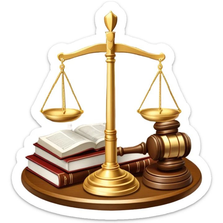 An icon featuring scales of justice, a gavel, and a legal book, symbolizing the study of law. The design includes courthouse pillars in the background, representing authority and legal systems. Transparent background highlights the principles of justice, order, and legal education. sticker