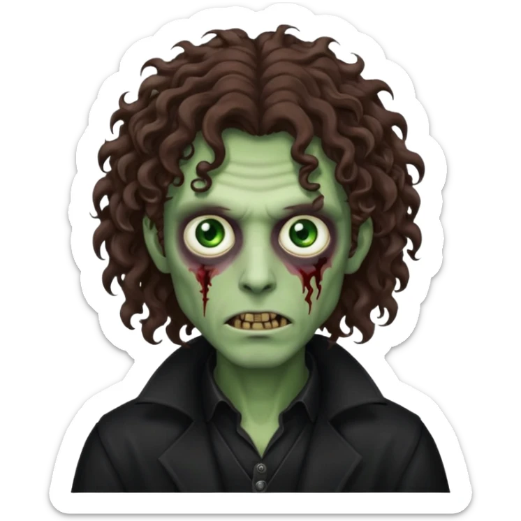 long curly haired male zombie with brown hair color and green eye color, with dark vampire clothes sticker