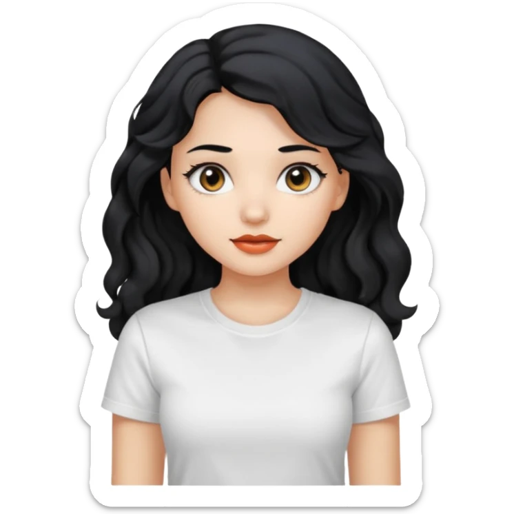 Beautiful girl,Black hair,wavy hair long hair,Black eyes, white T-shirt sticker