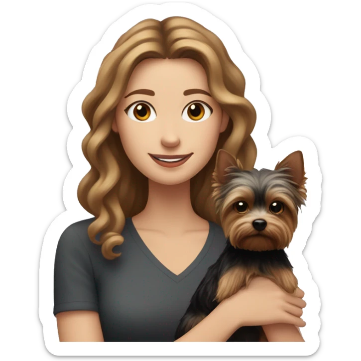 White woman with curly long brown hair holds on her hands Black Yorkshire terrier with light brown Muzzle and paws sticker