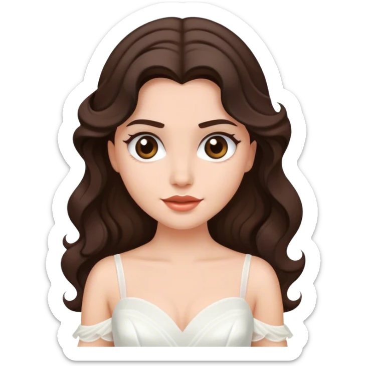 Dark Brown haired girl, long Hollywood wave hair, in white wedding dress sticker
