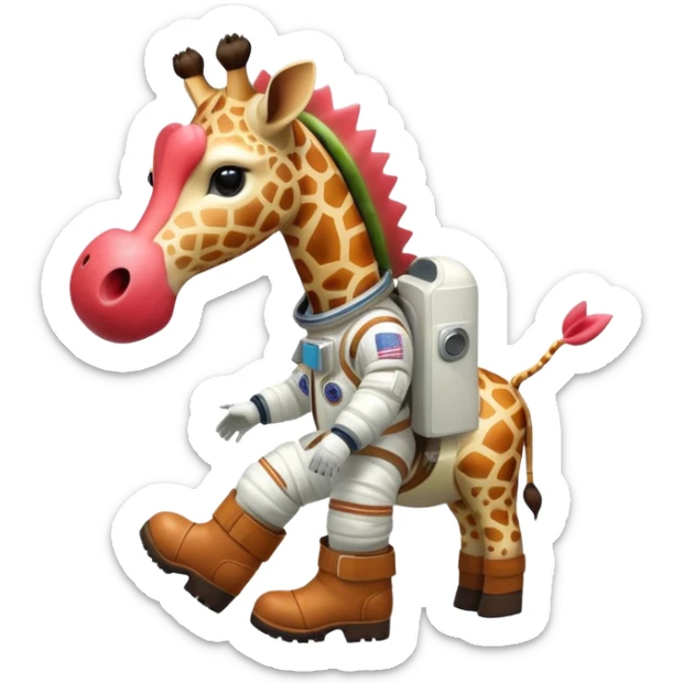 watermelon body with only the head of a giraffe poking out, wearing brown boots and an astronaut helmet sticker