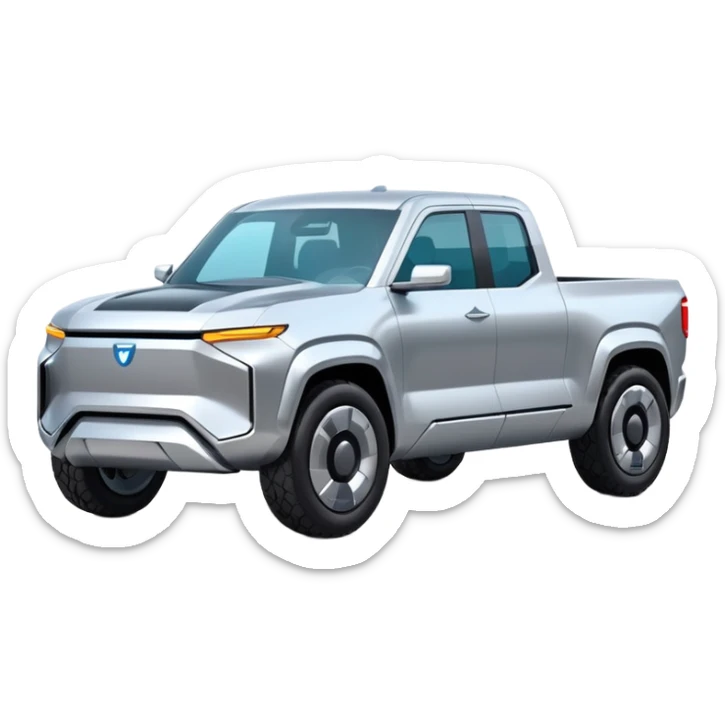 A futuristic electric pickup truck emoji, silver chrome body, angular cyber design, smooth metallic panels, subtle reflections, minimalistic proportions, iOS emoji style, centered composition, clean white background, soft lighting sticker