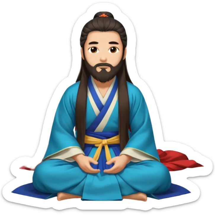 Beautiful man with lightly tan skin and dark long beard, long hair, in Hanfu sitting on the ground sticker